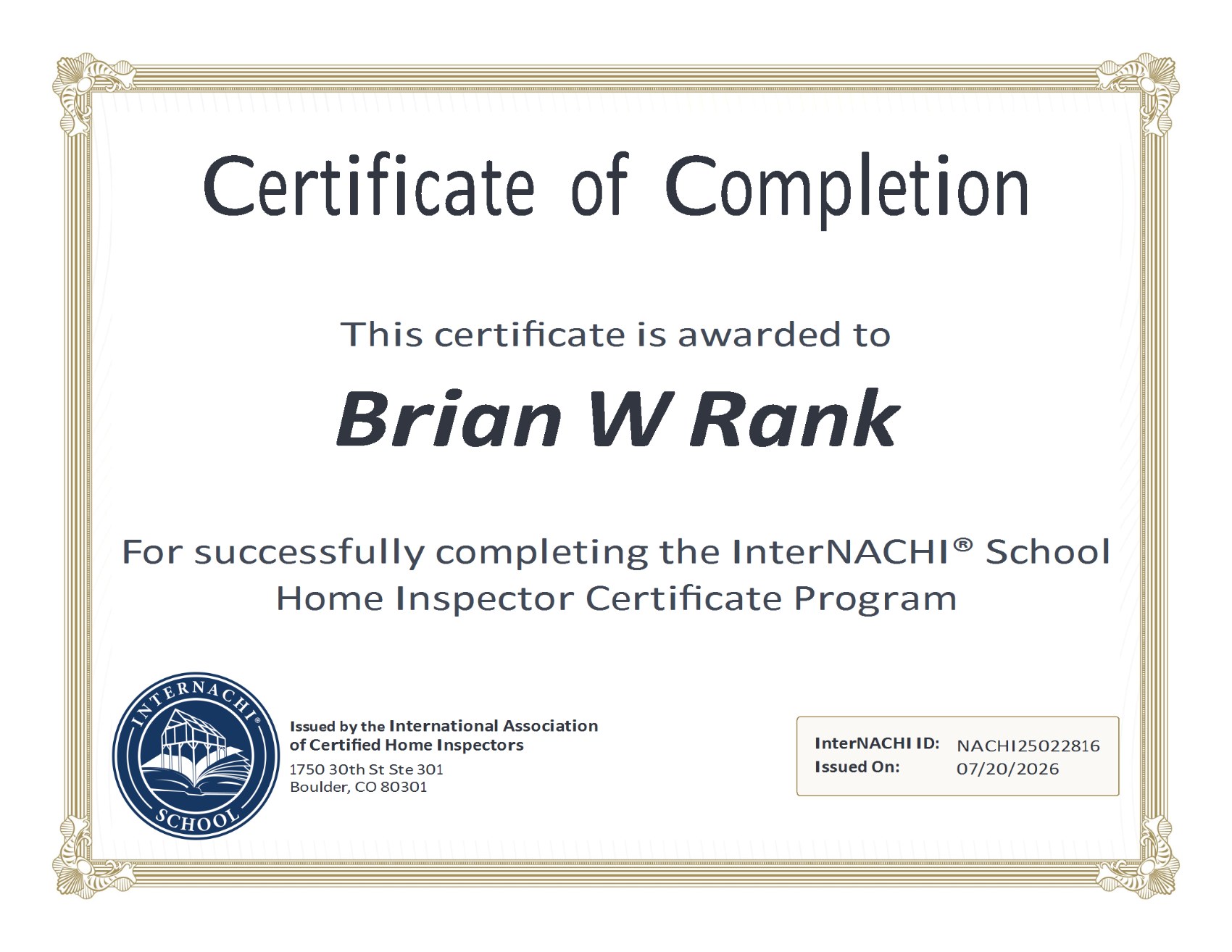 InterNACHI Certified Professional Inspector certificate, Brian W. Rank