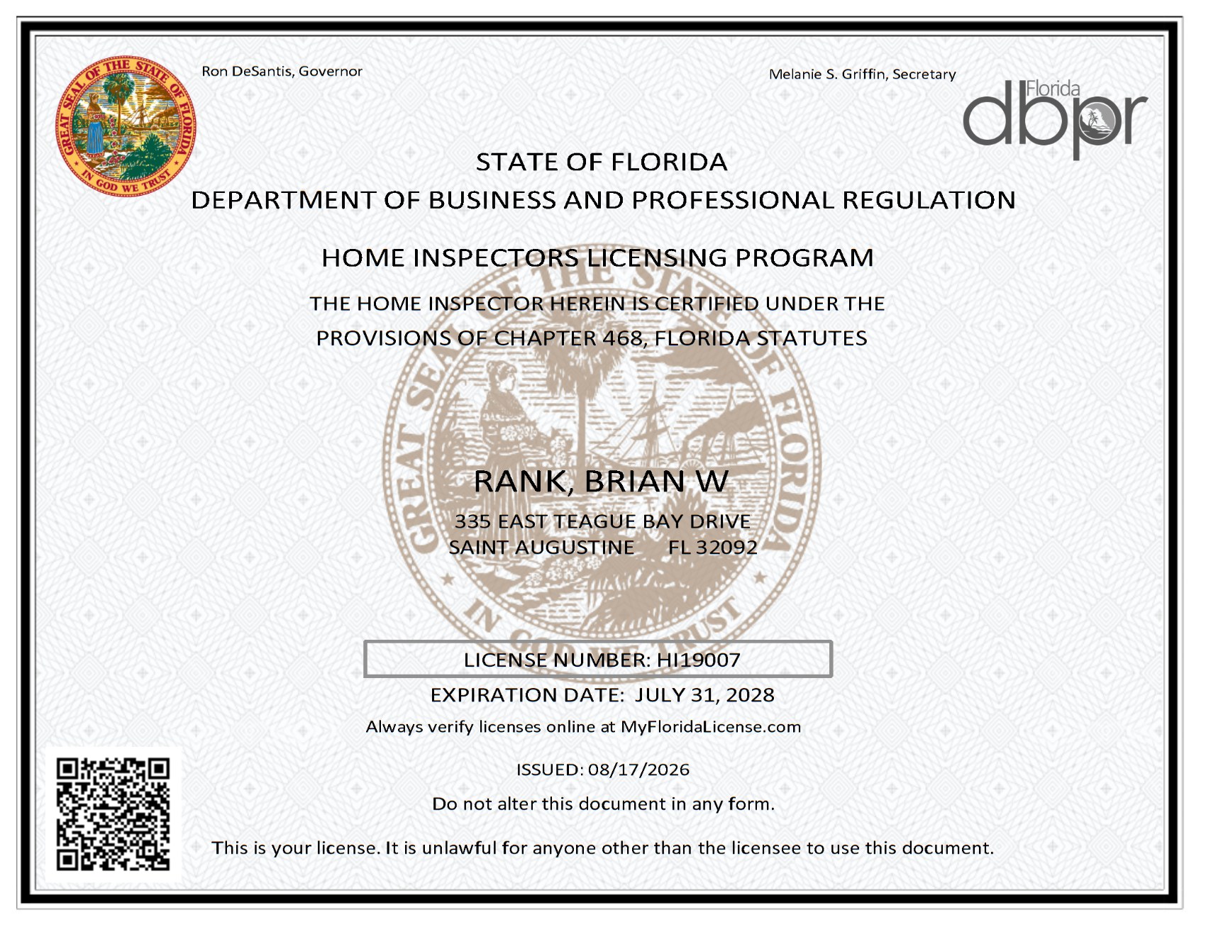 Florida DBPR Home Inspector License HI19007, Brian W. Rank